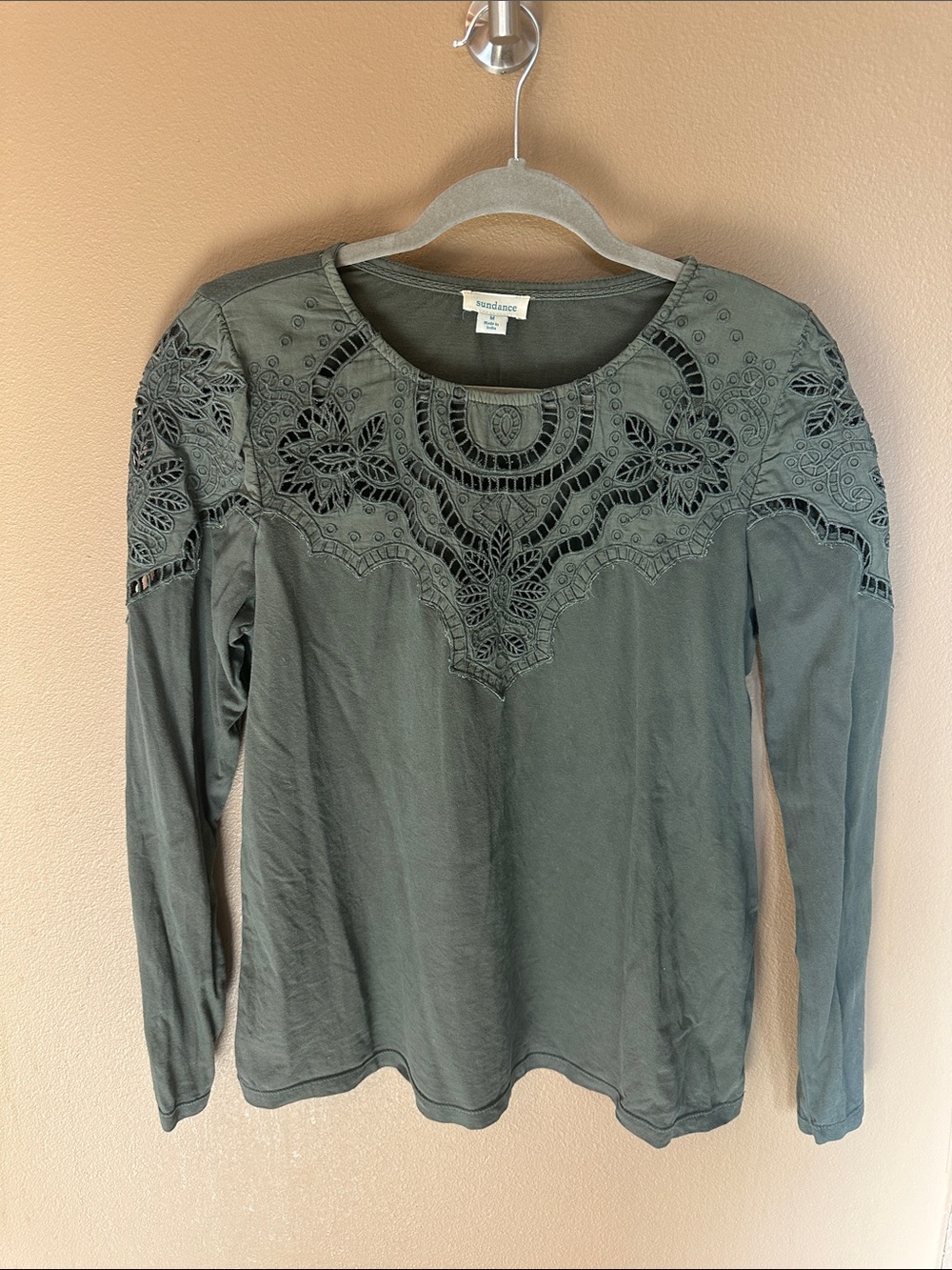 Sundance Olive Green Long Sleeve Eyelet Lace Top